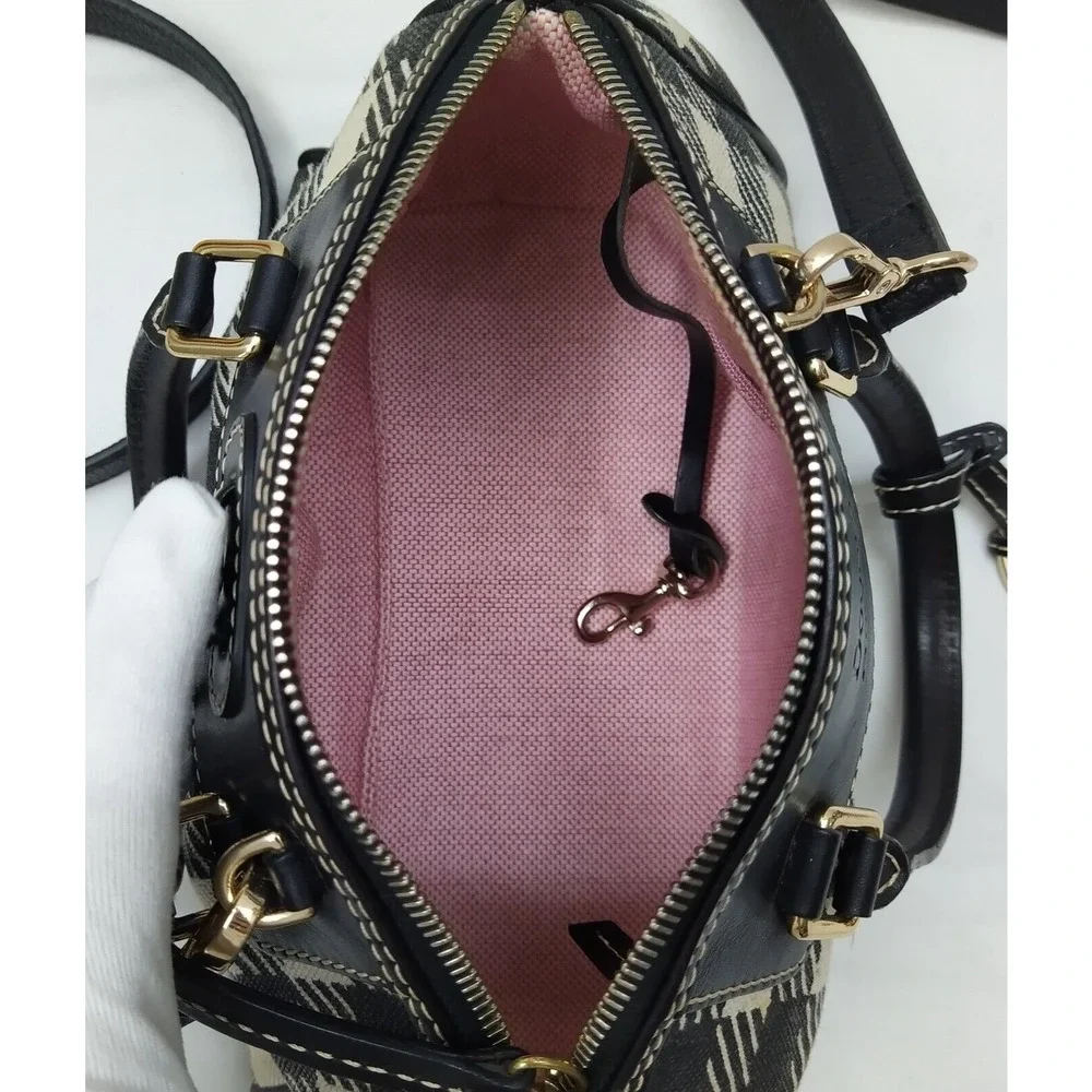 Dooney & Bourke Black White Checker Canvas Leather Trim Top Handle Satchel Bag